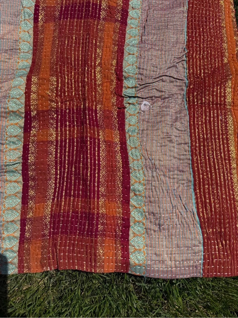 Vintage Kantha Quilt Hot Pink Gold Reversible Indian Hand Stitched Throw